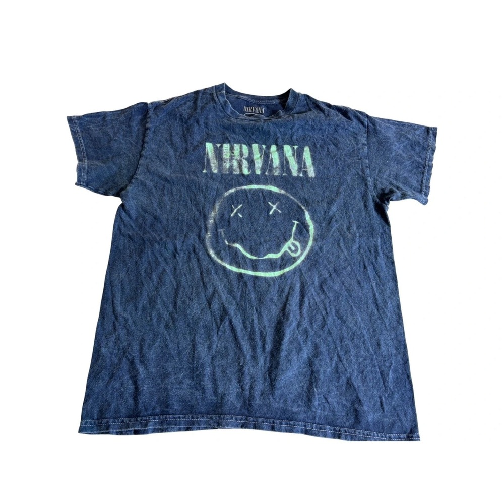 Nirvana T Shirt Unisex M Navy Smiley Face Logo Rock Music Short Sleeve Crewneck